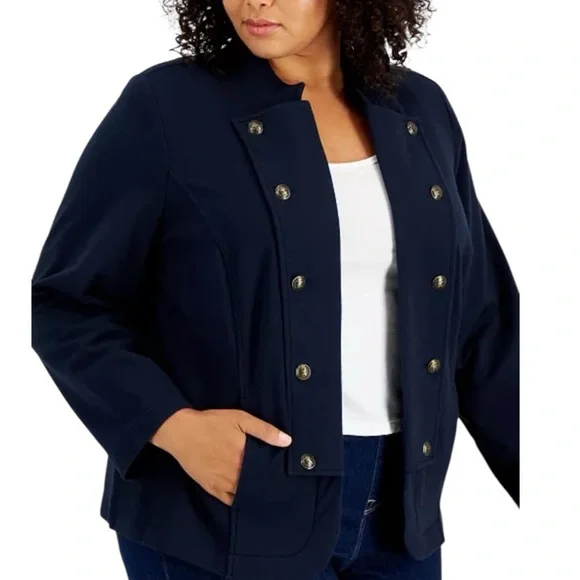 Tommy Hilfiger Plus Size Military Band Women's Navy Double-Breasted Jacket - Picture 3 of 4